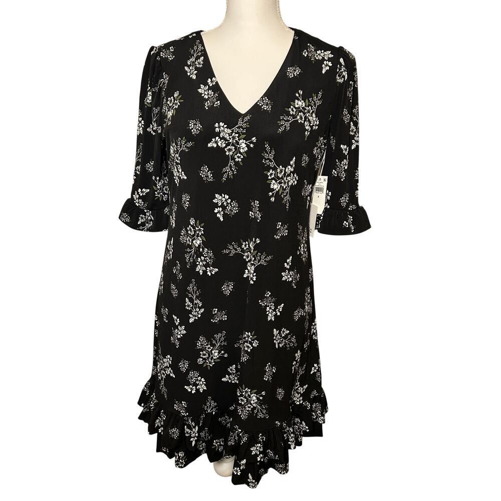 Cece NWT v-neck black floral tiered ruffles elbow puff sleeve shift dress size S